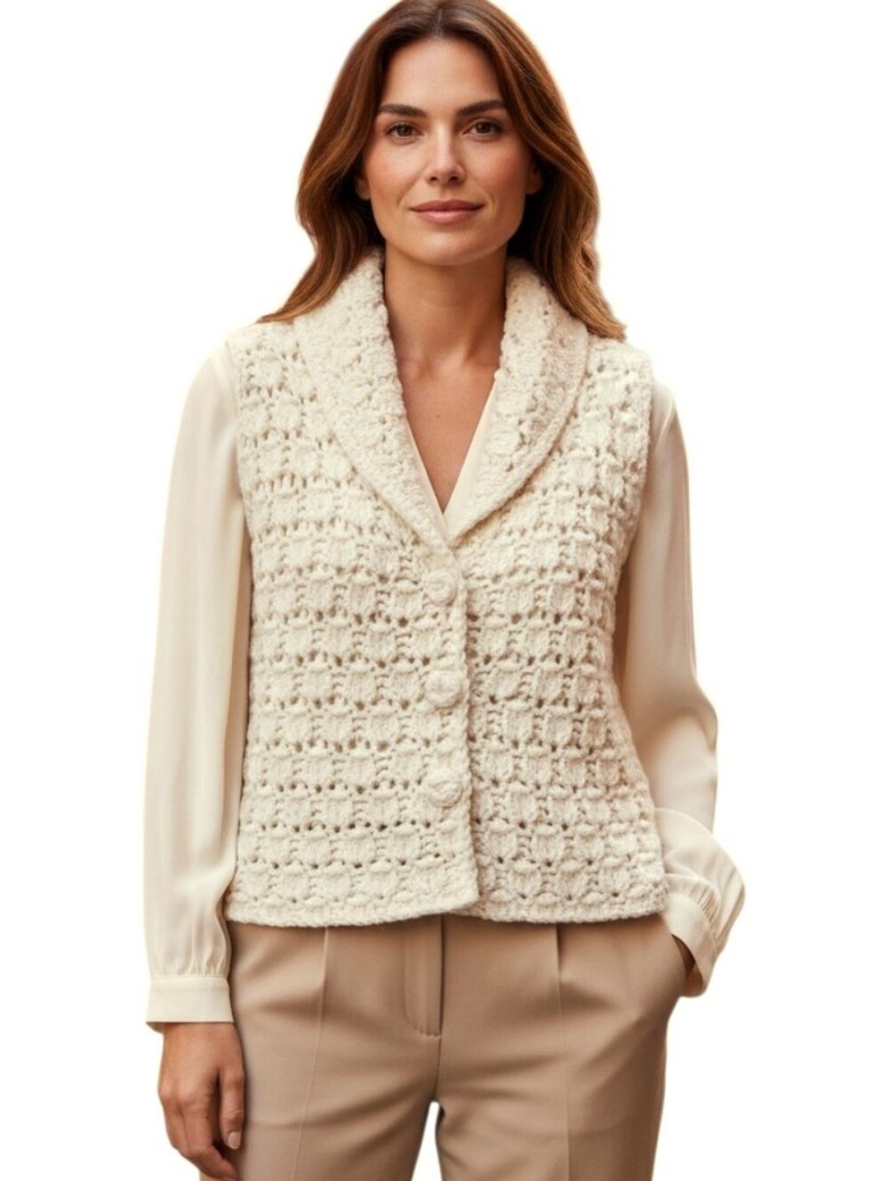 White House Black Market Cream Crochet Cottagecore Button-Front Sweater Vest